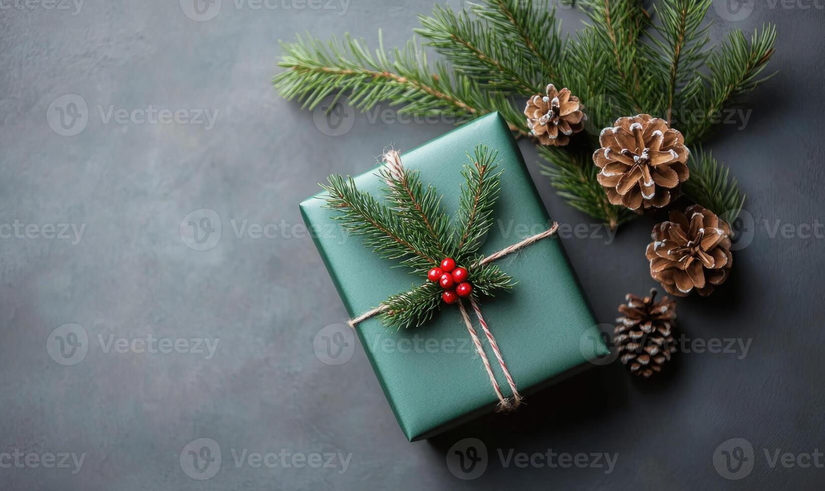 A green box with a red ribbon and a green pine tree on top of it photo