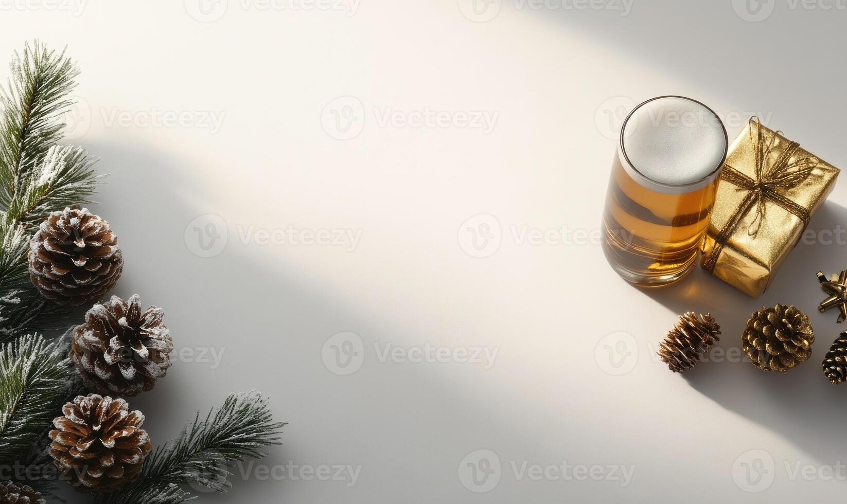 A Christmas tree with pine cones and a glass of beer photo
