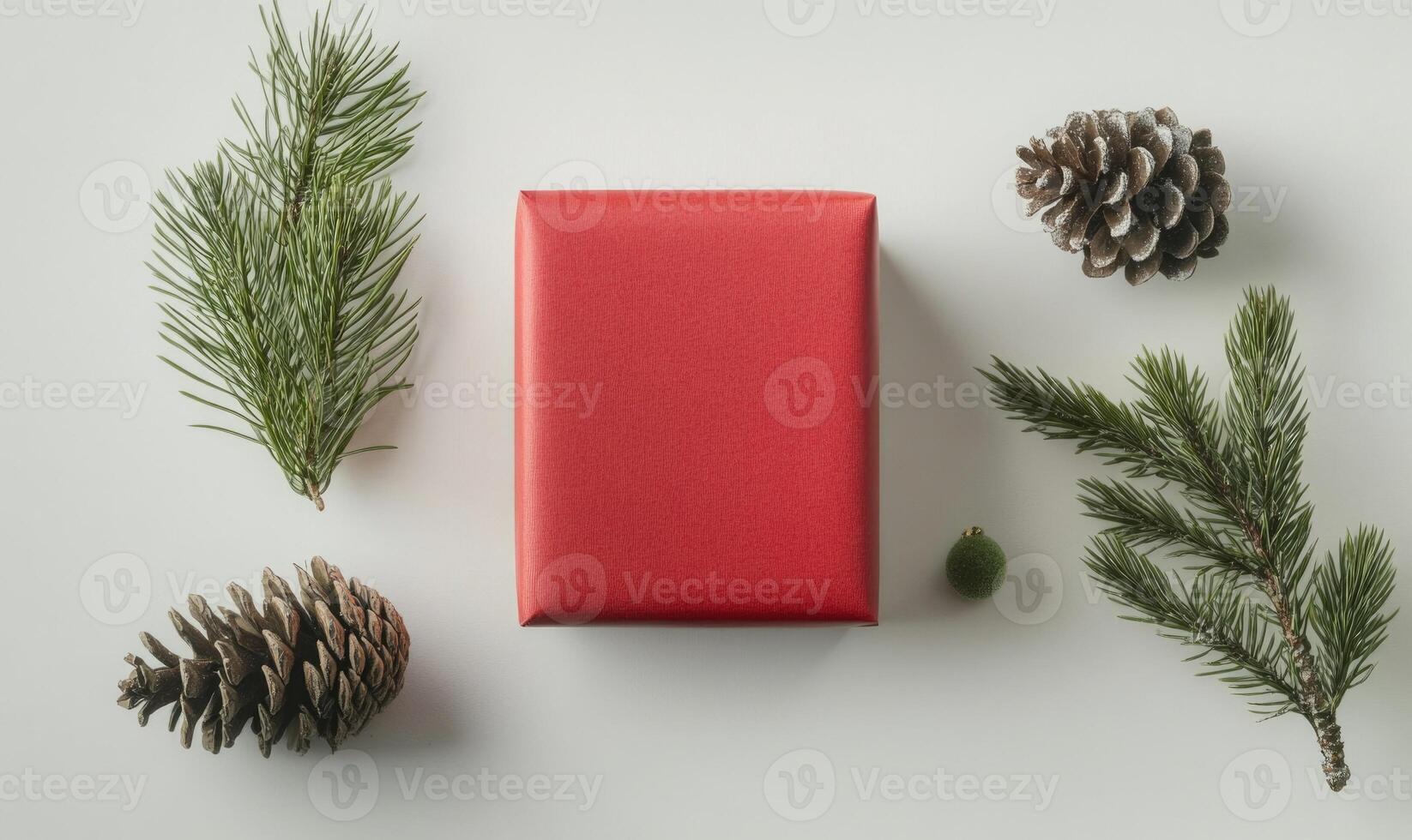 A red box with pine needles on top of it photo