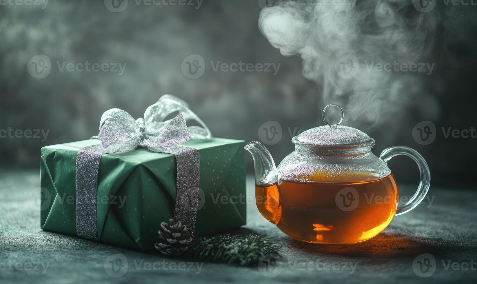 A green box with a bow sits next to a teapot filled with steam photo