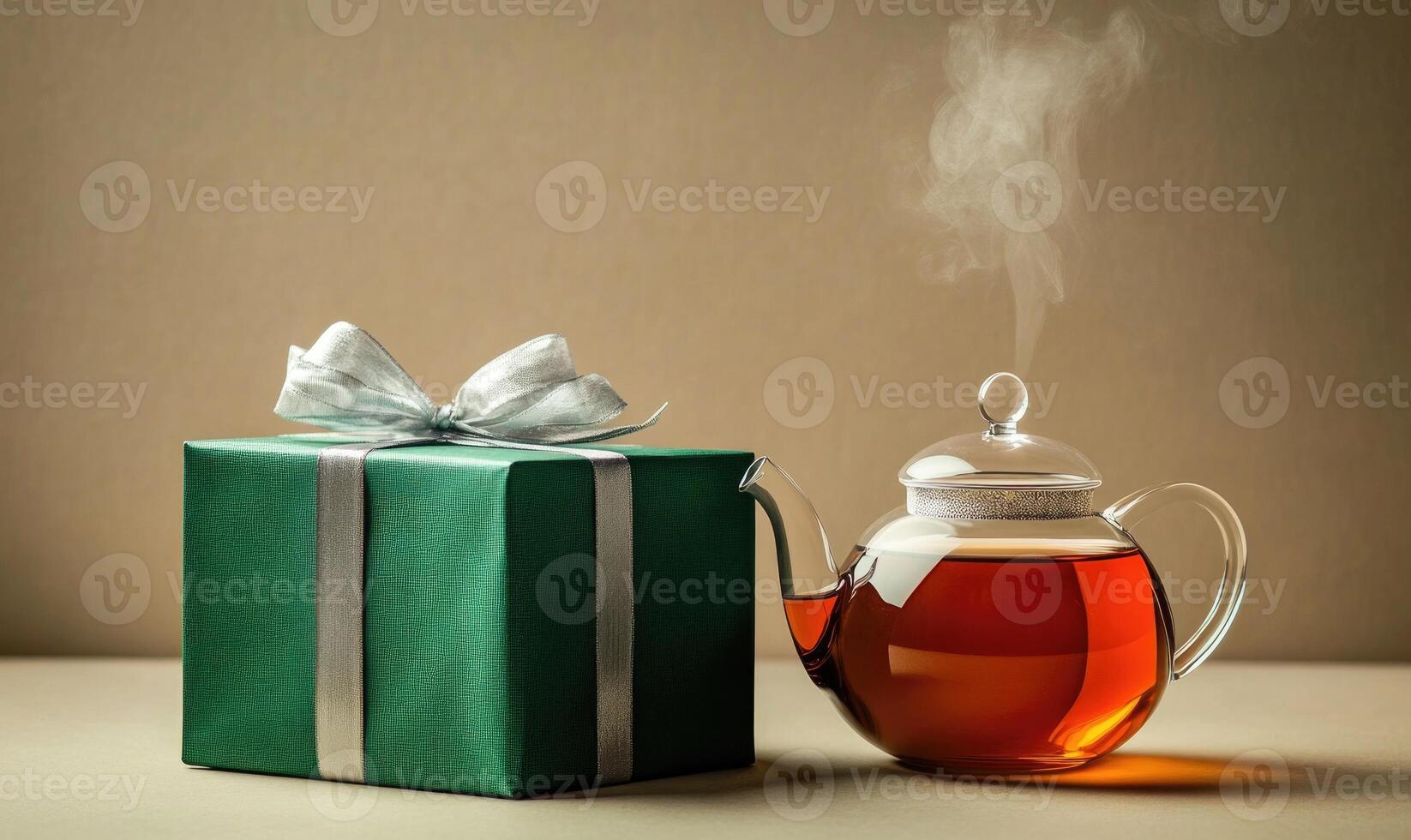 A green box with a silver bow sits next to a teapot photo