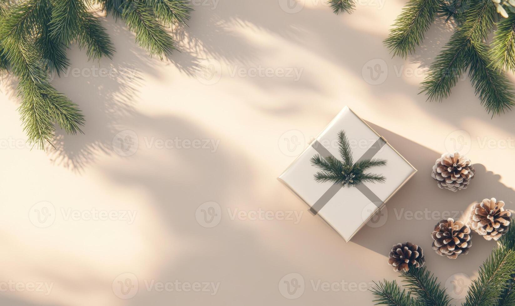 A white box with a green bow on top sits on a table with pine cones photo