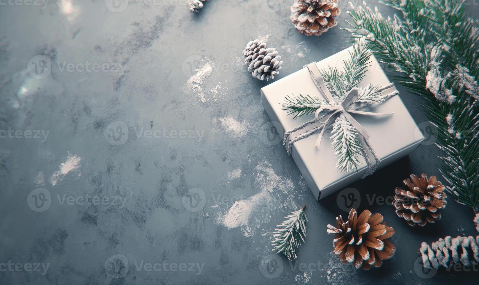 A white box with pine cones and a ribbon on top of a grey background photo