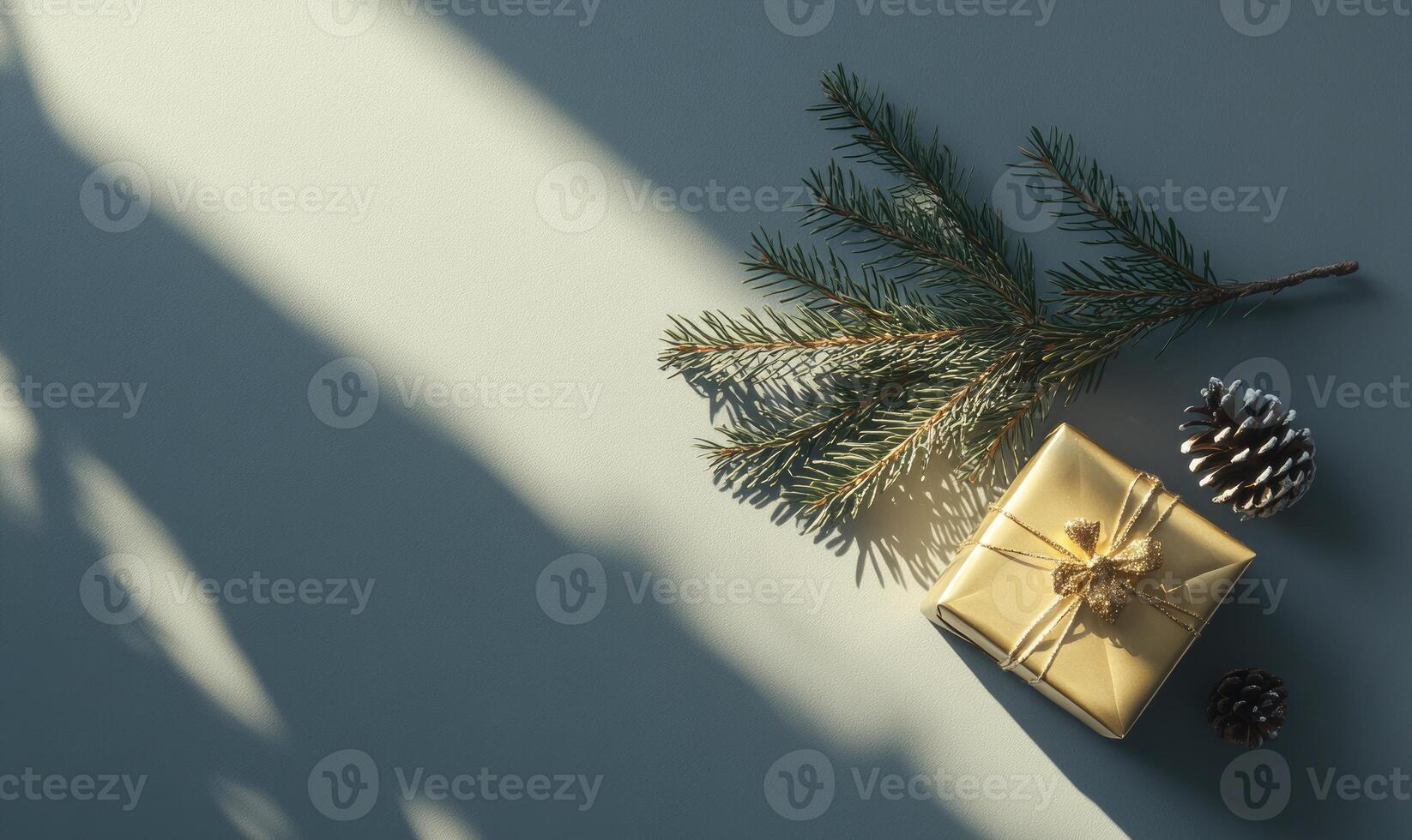 A gold box with a pine tree branch and pine cones on top of it photo