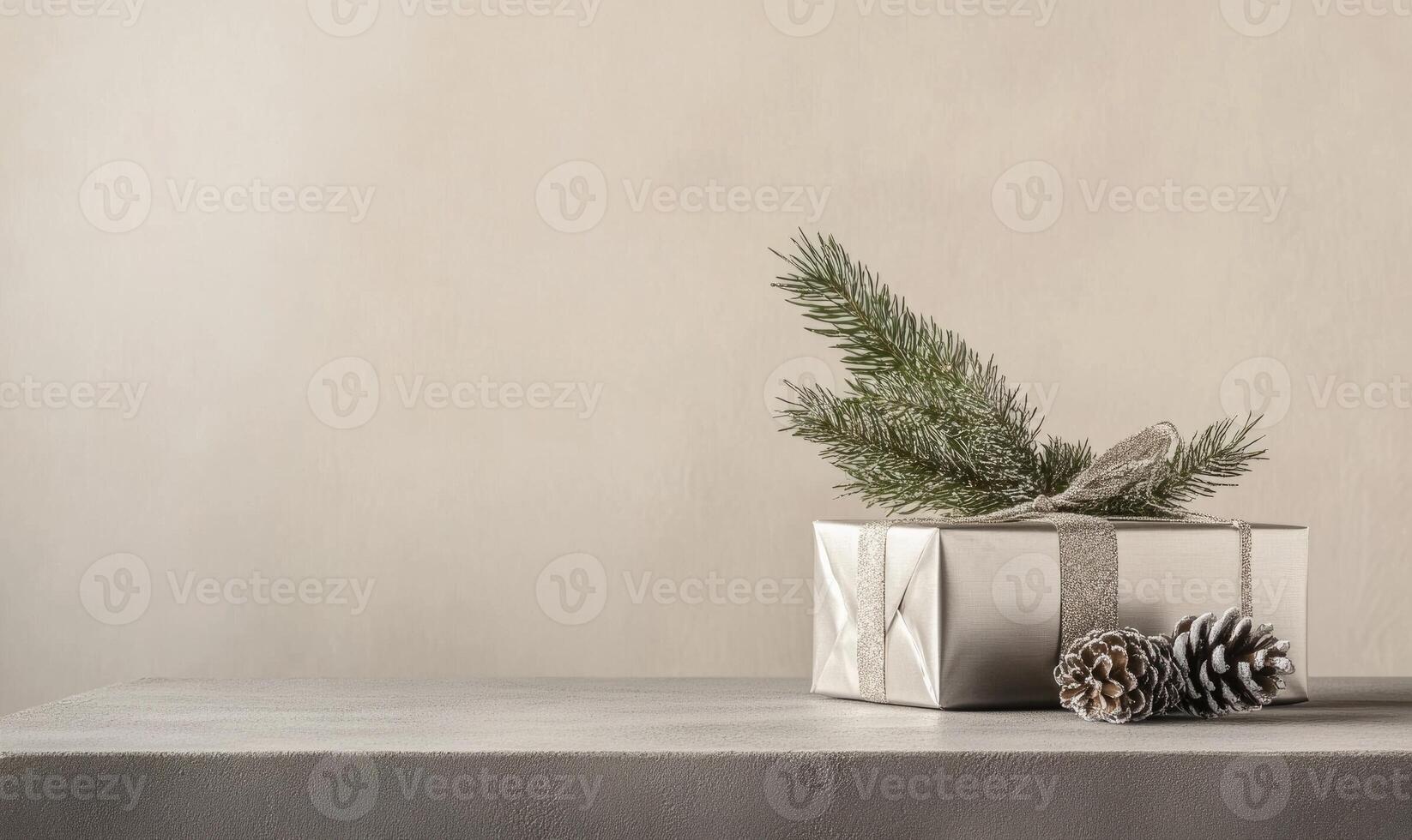 A silver box with a pine tree branch on top of it photo
