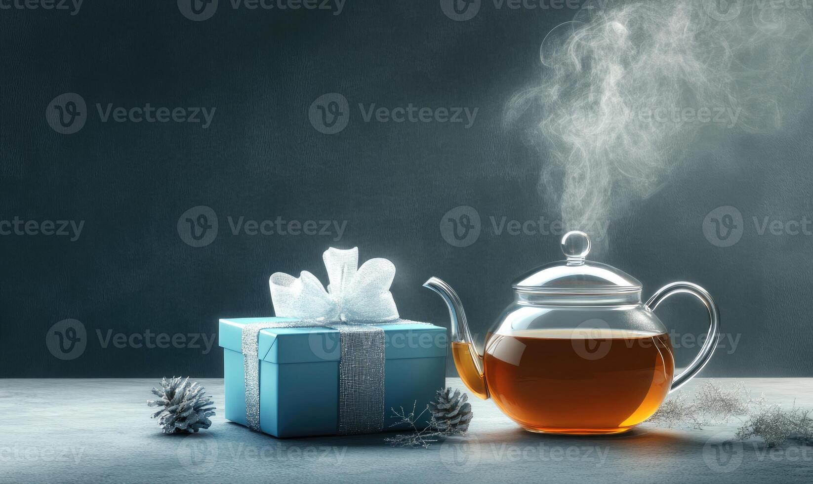 A blue box with a white bow sits next to a teapot photo