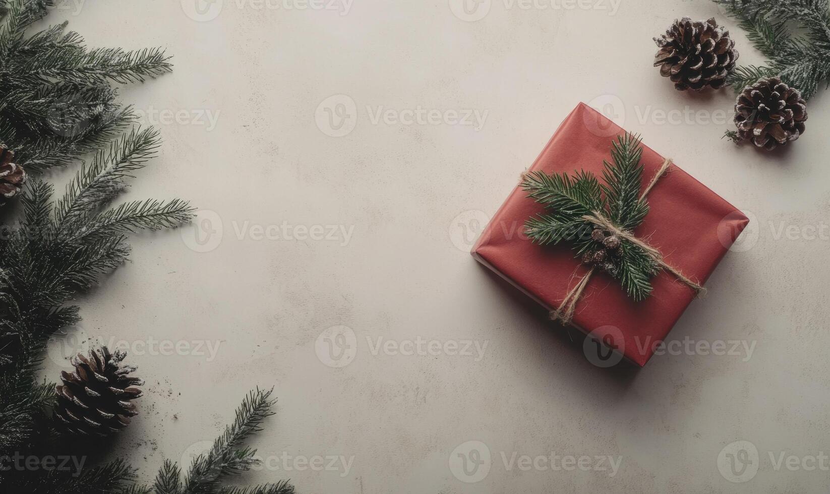 A red box with a green ribbon sits on a white background photo