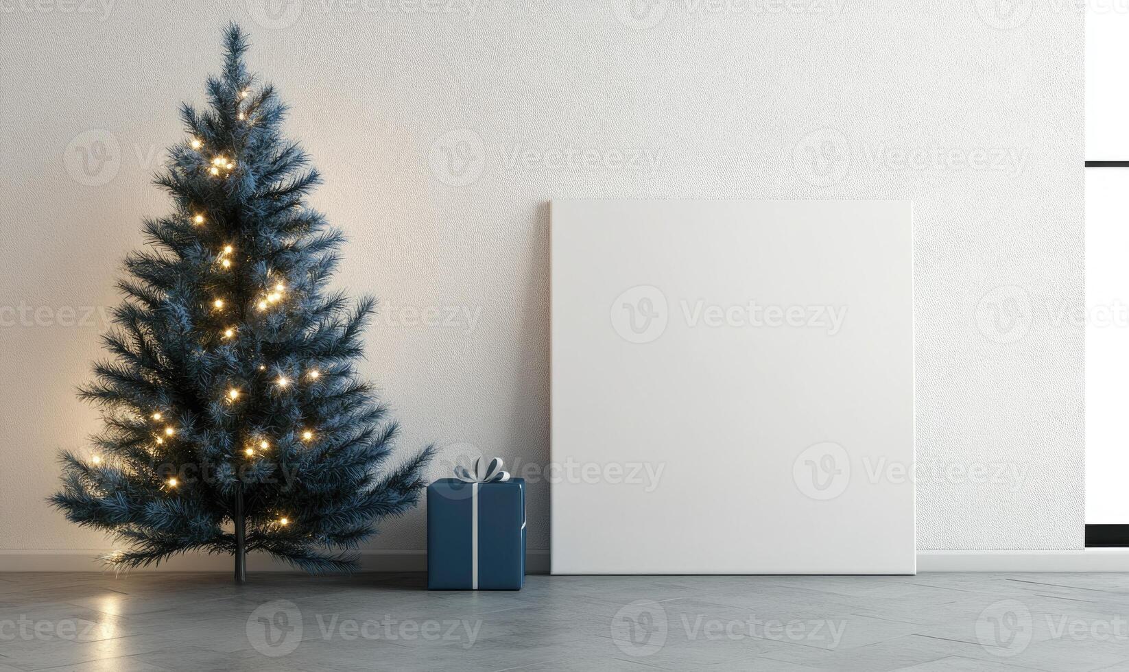 A Christmas tree is lit up and sits in front of a white wall photo