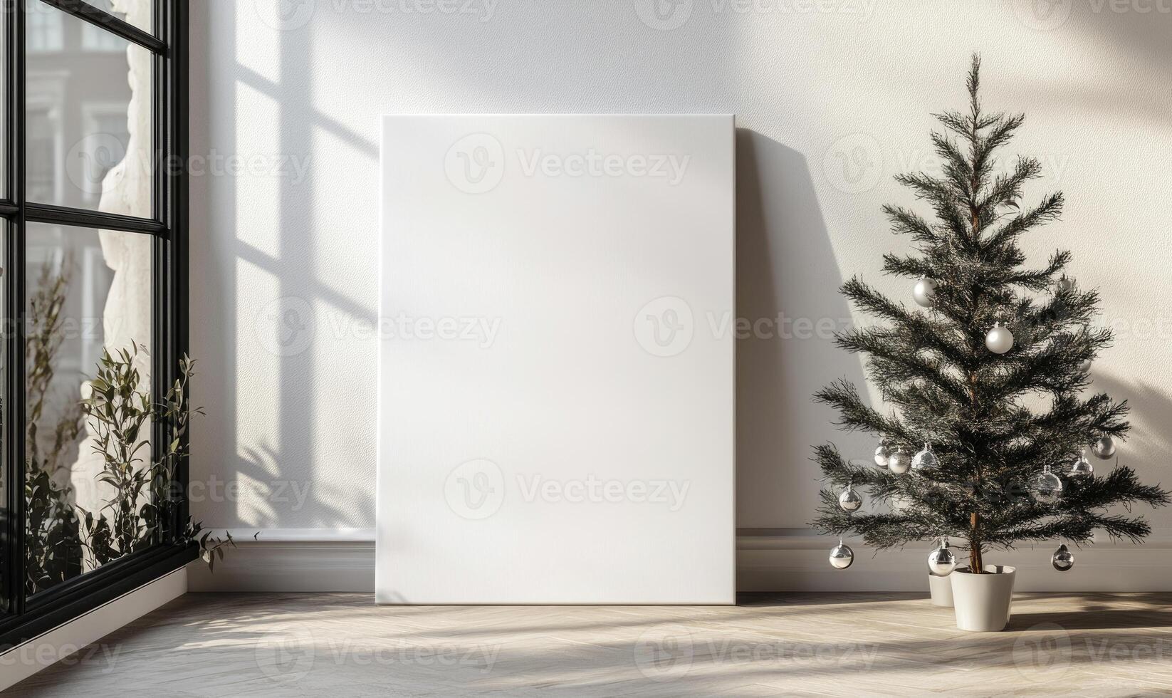 A white frame with a Christmas tree in the background photo