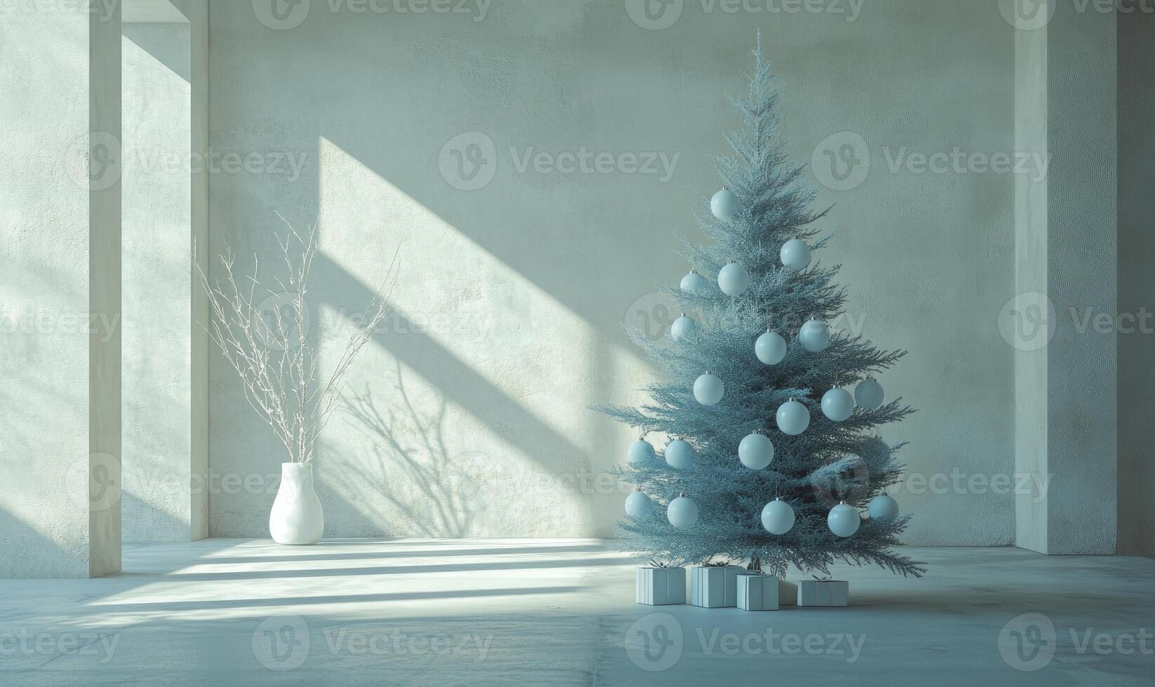 A white Christmas tree with white balls on it sits in a room with a window photo