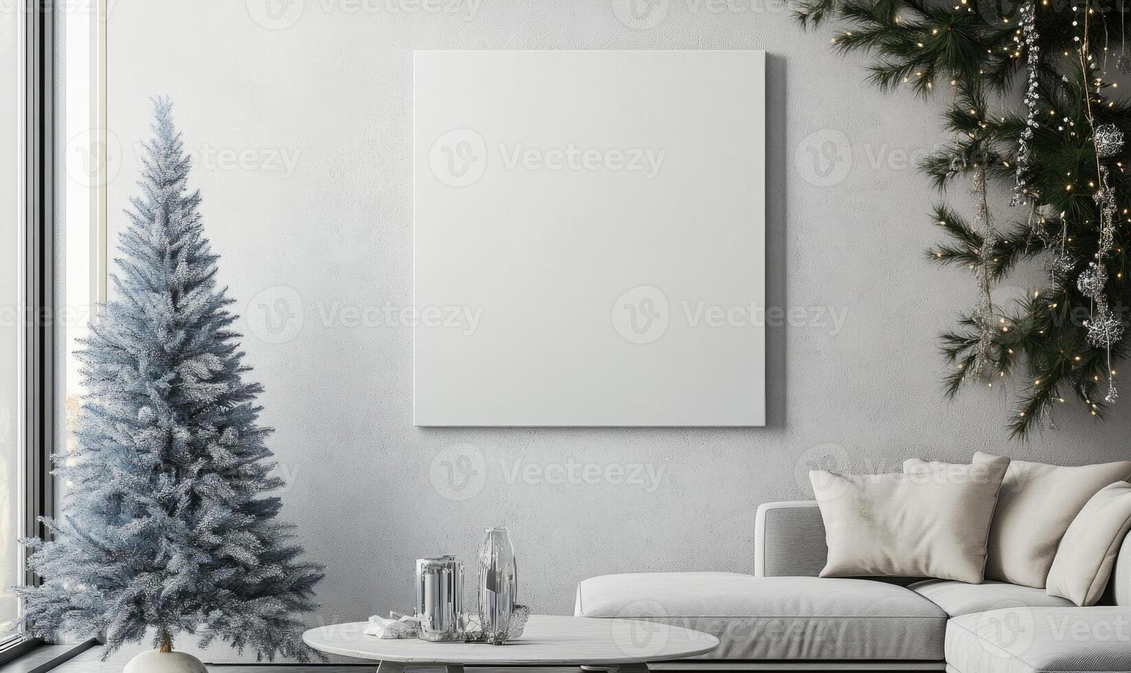 A white wall with a white picture frame and a white couch photo