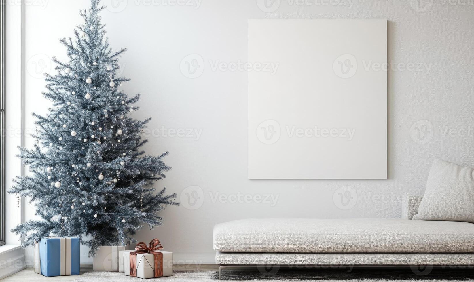 A white wall with a large white picture frame and a blue photo