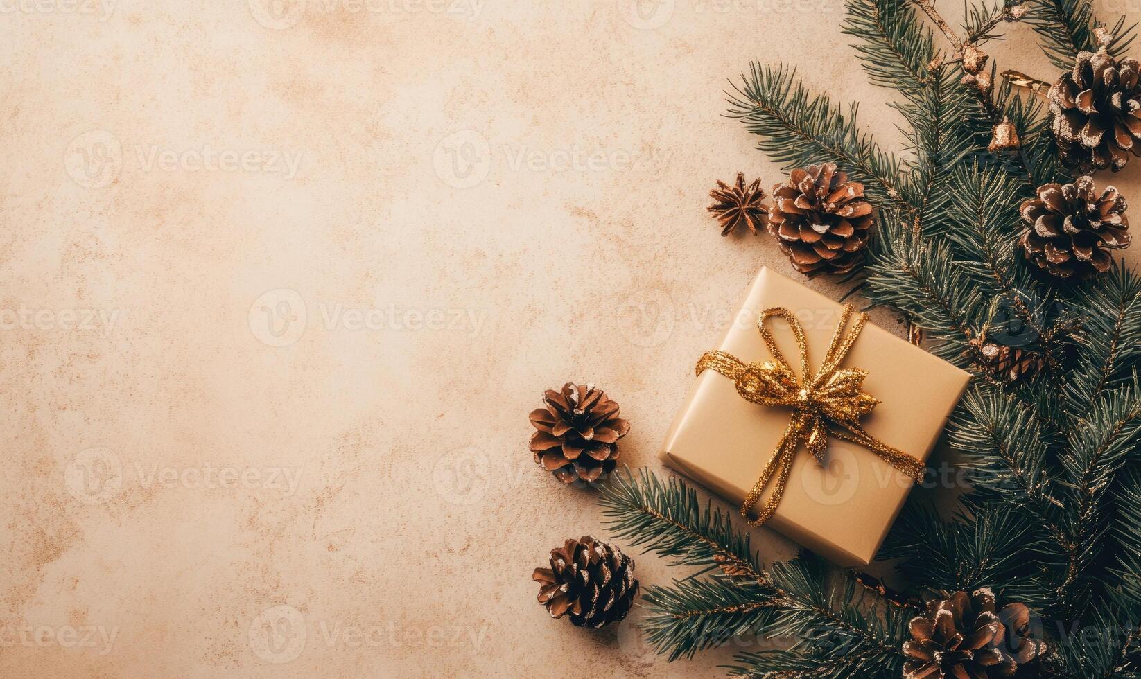 A box with a gold ribbon sits on a table with pine cones photo