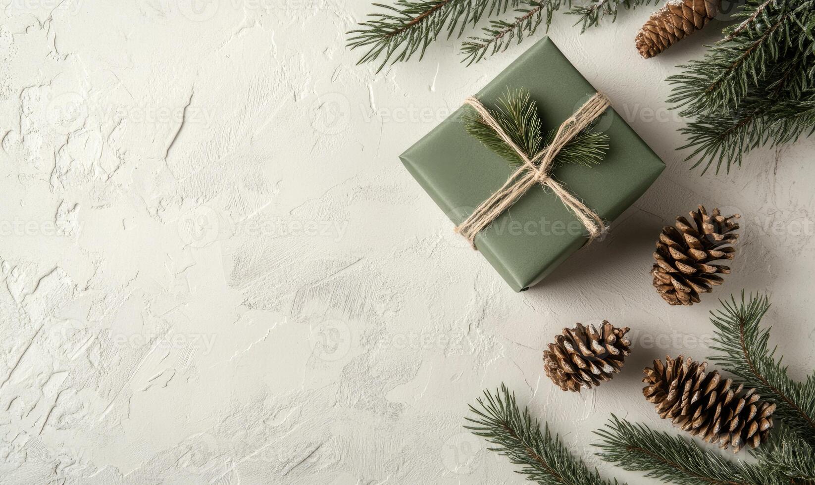 A green box with a white ribbon sits on a white background with pine cones photo
