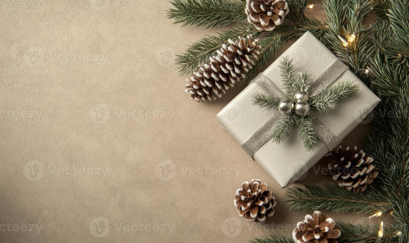 A white box with a silver ribbon and pine cones on top of it photo