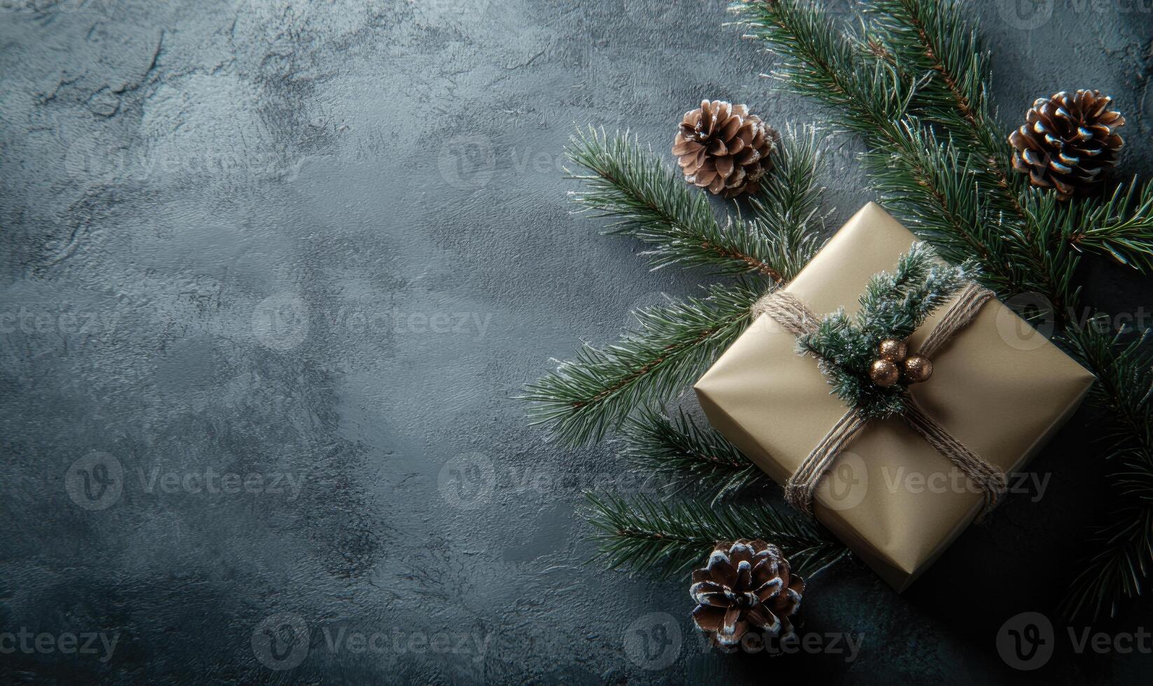 A gold box with a ribbon and pine cones on top of it photo