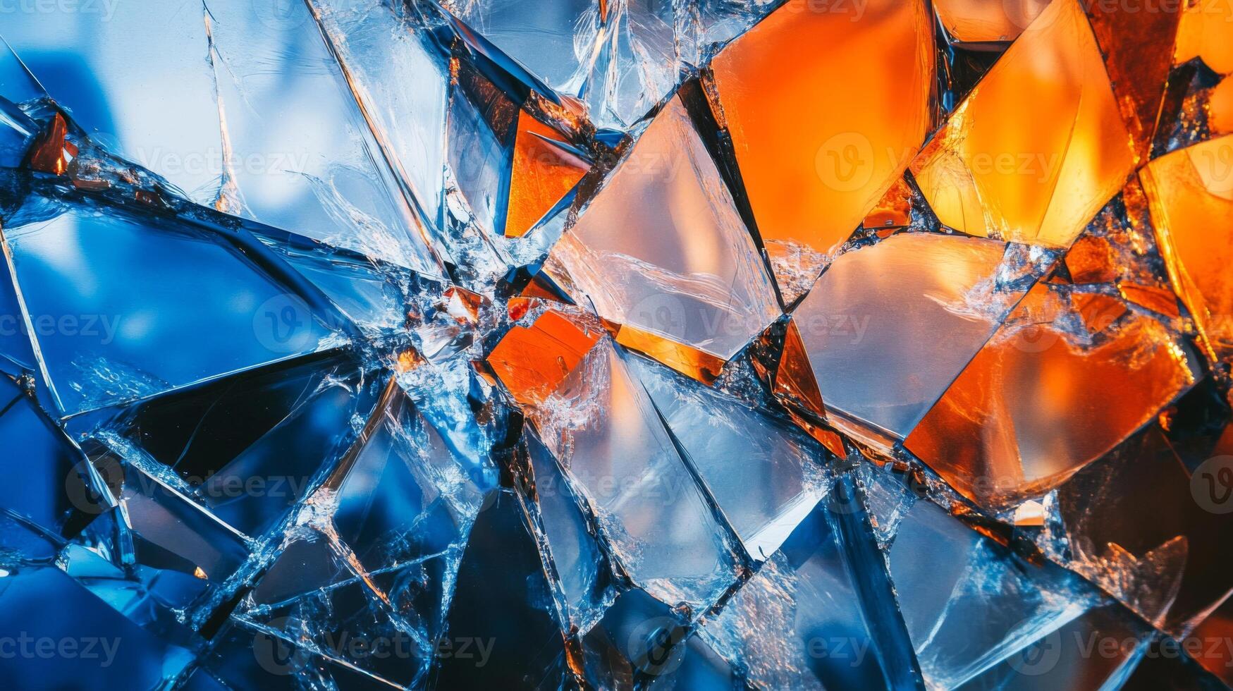 Abstract Shattered Glass with Blue and Orange Reflections photo