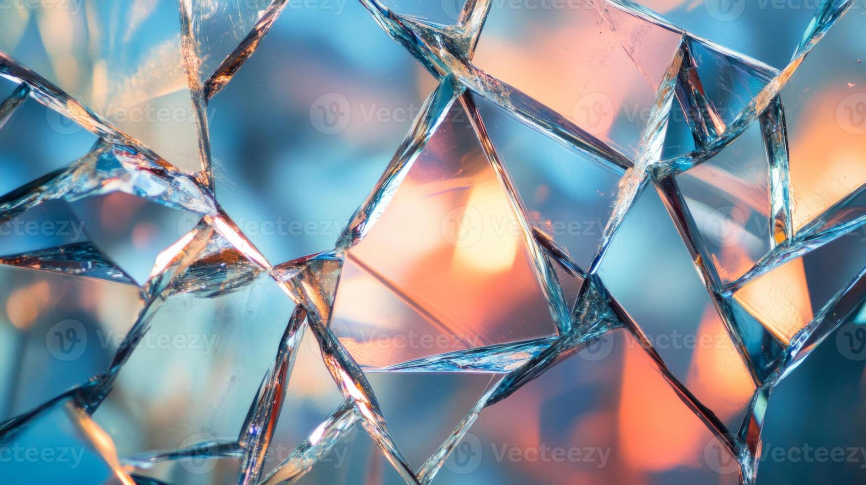 Abstract Close-up of Shattered Glass with Colorful Reflections photo