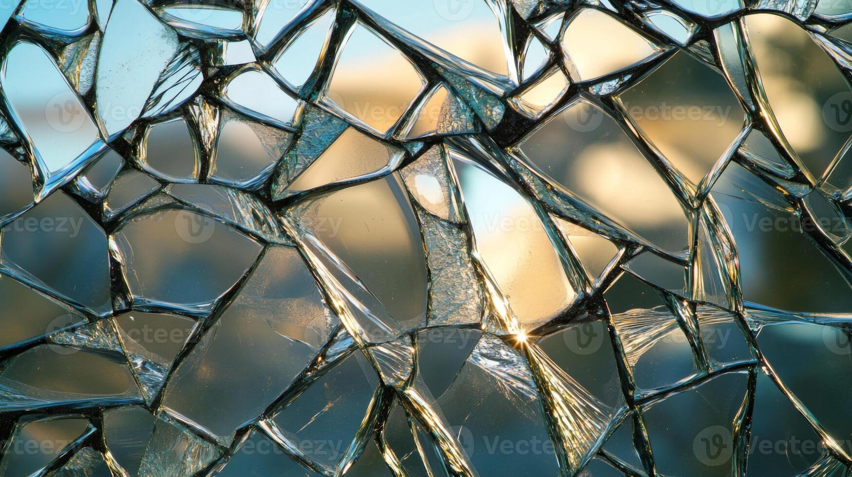 A close-up view of shattered glass with sunlight shining through the cracks. photo