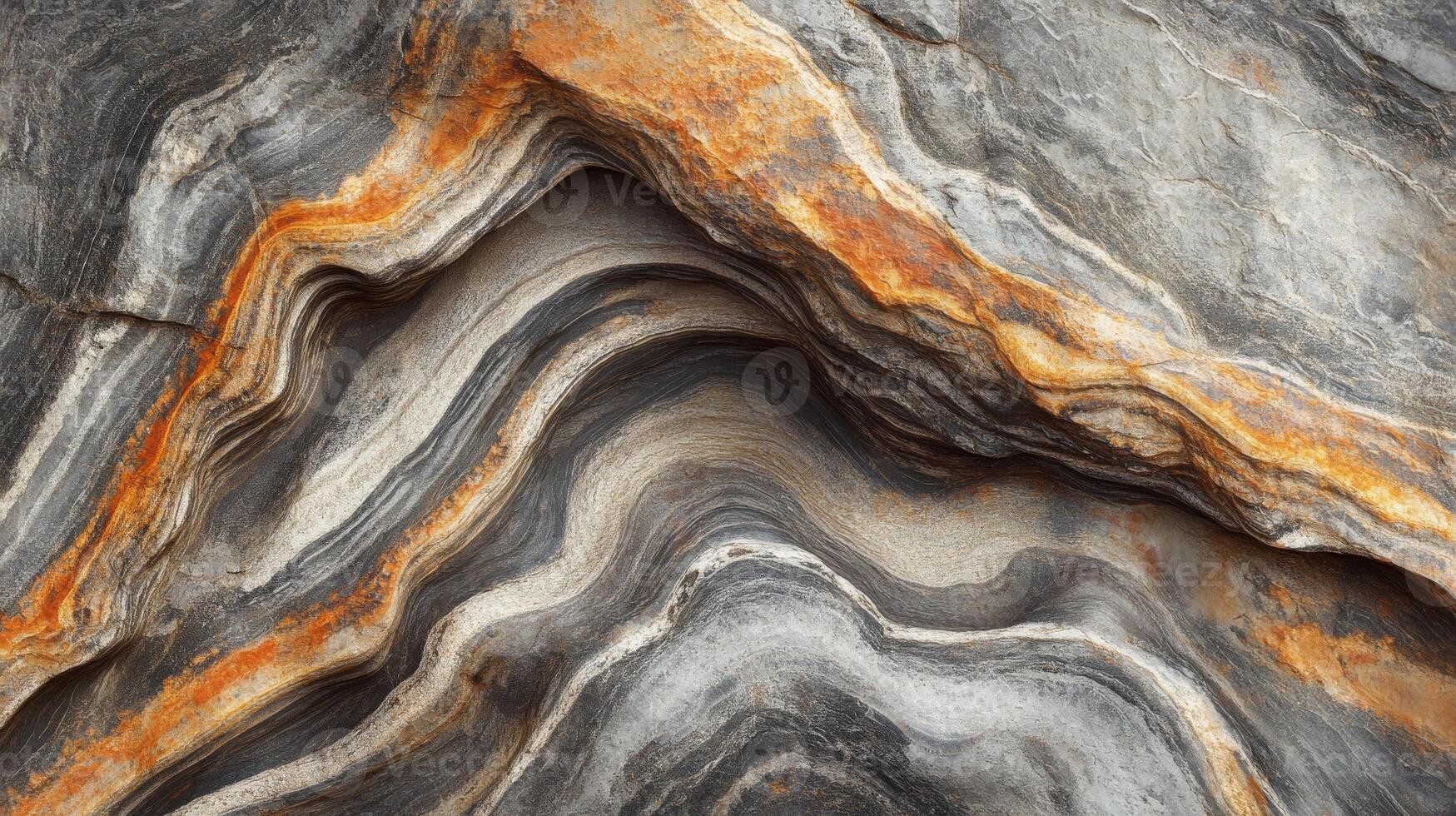 Abstract Stone Formation with Wavy, Layered Patterns in Shades of Gray, Black, and Orange photo
