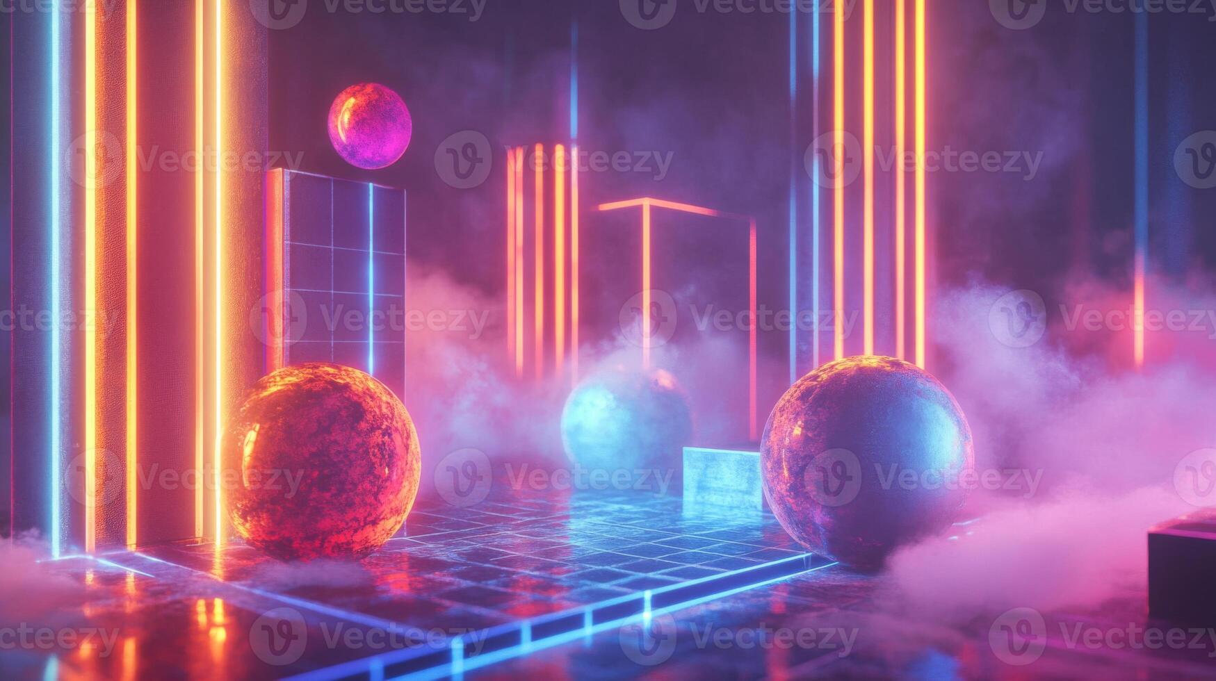 Neon Lights, Smoke, and Spheres in a Futuristic Setting photo