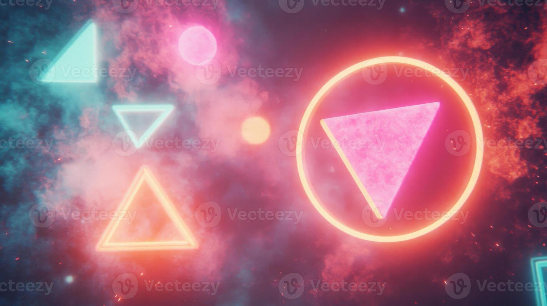 Glowing Neon Triangles and Circles in a Dusty Space Background photo