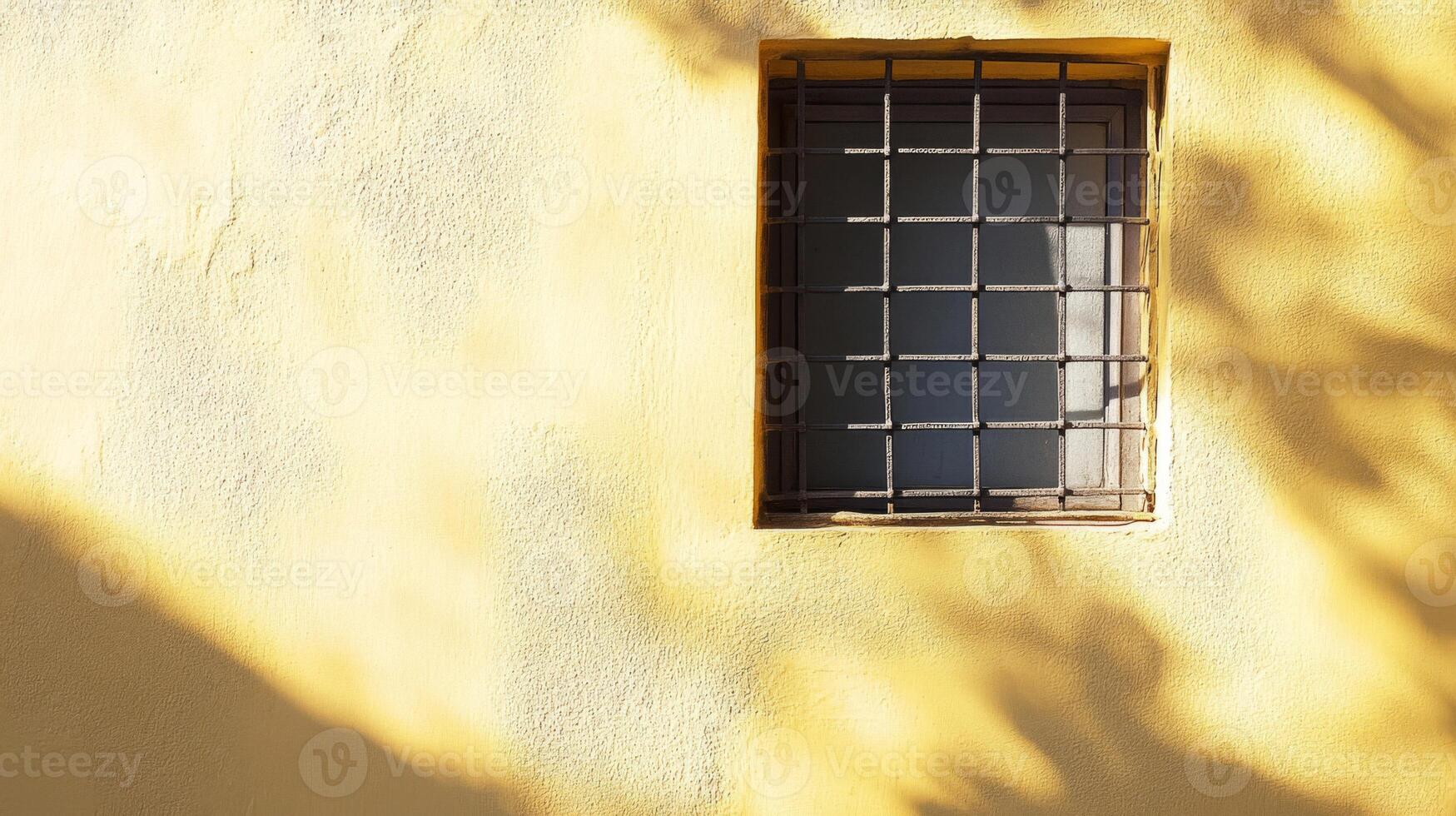A Window with Bars on a Yellow Wall with Shadows photo