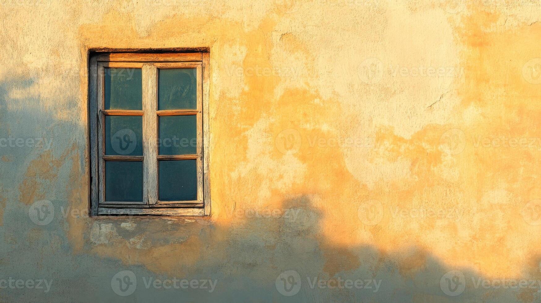 A single window in a yellow wall with shadows. photo