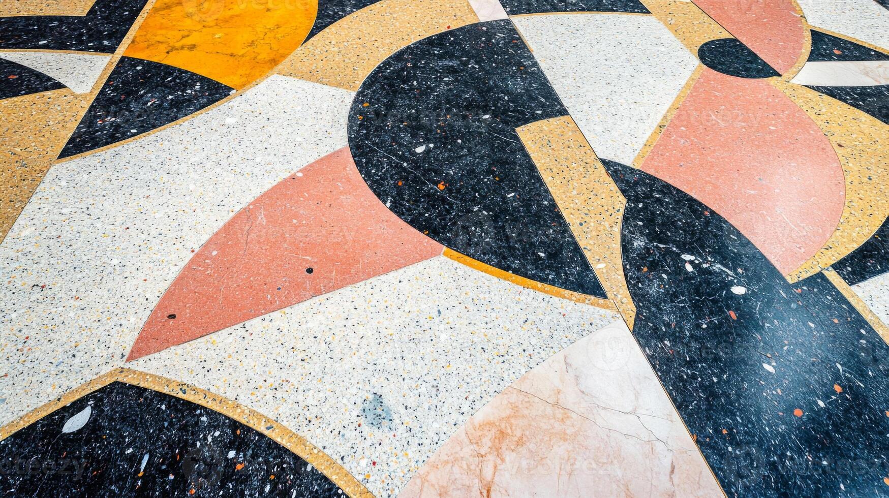 Geometric Marble Floor with Black, Yellow, and Pink Sections photo