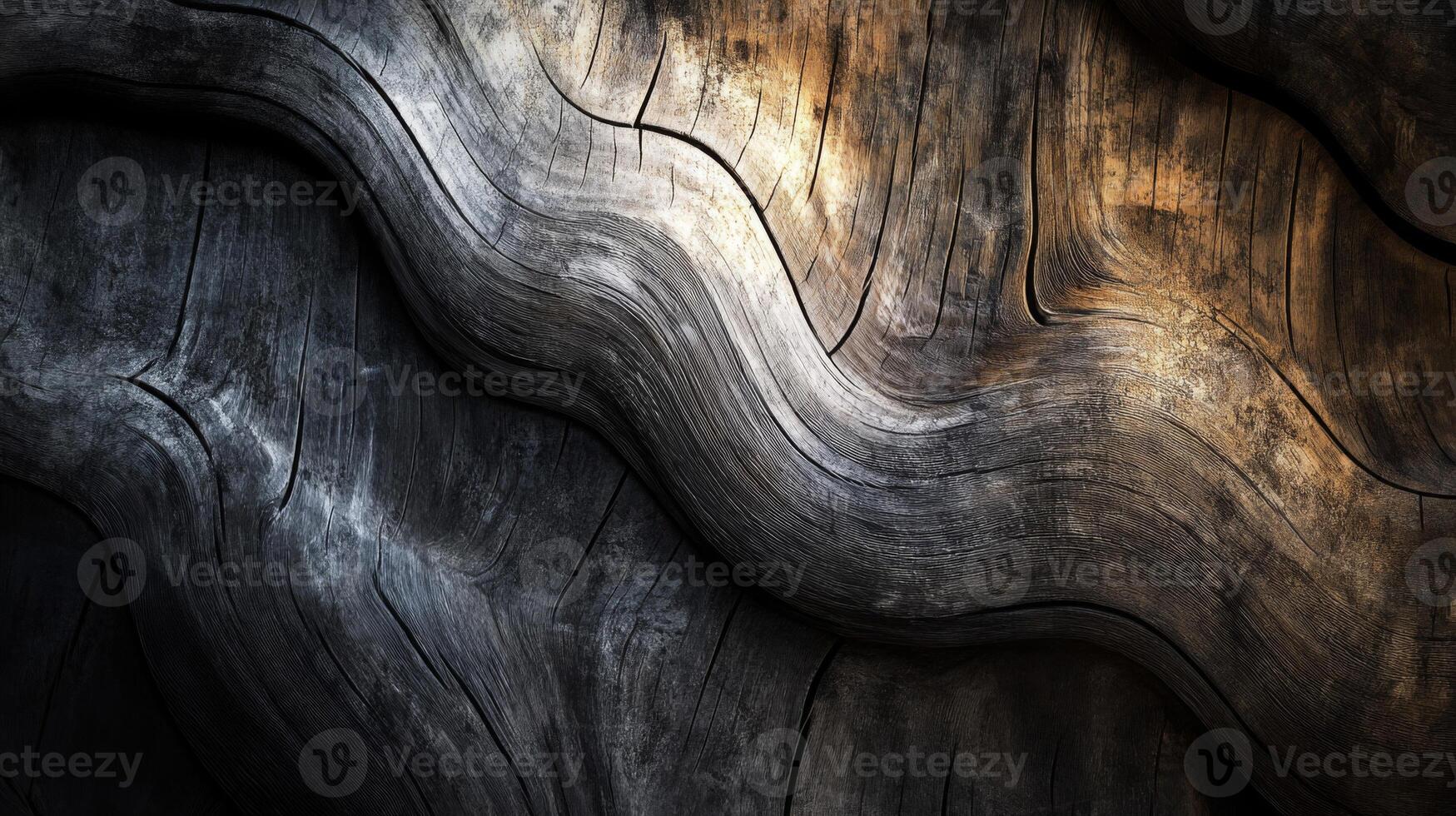 Close-up of a weathered and gnarled wooden surface with intricate grain patterns and a warm, golden light. photo