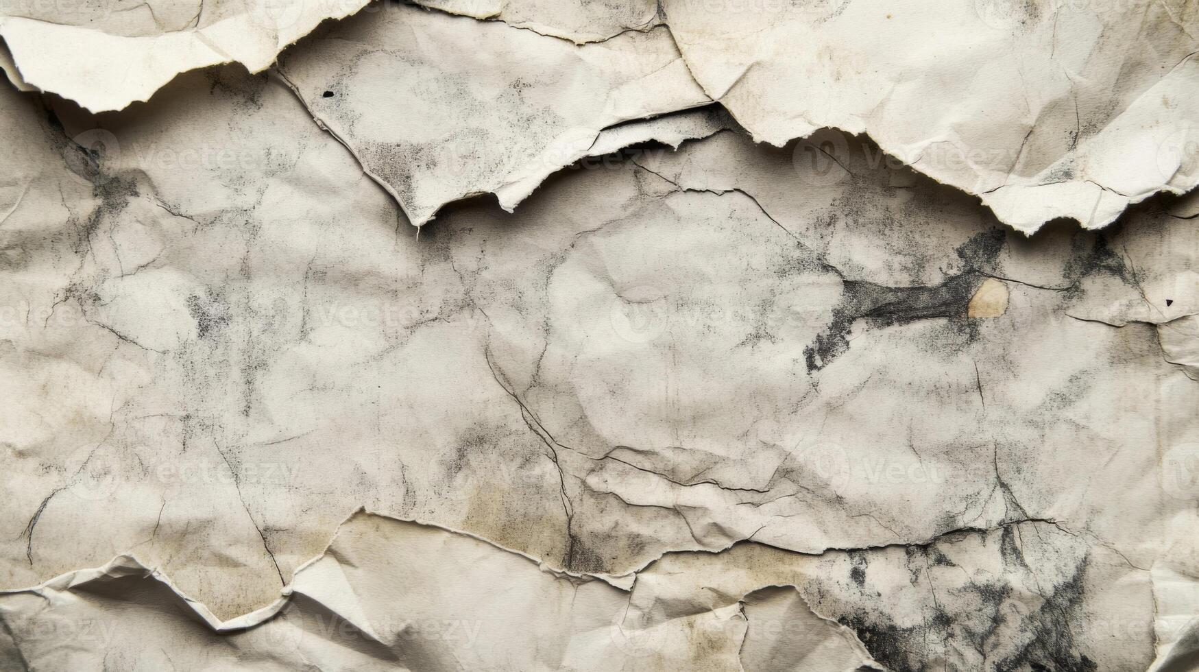 Close-up of Worn and Torn Paper with Black Stains and Creases photo