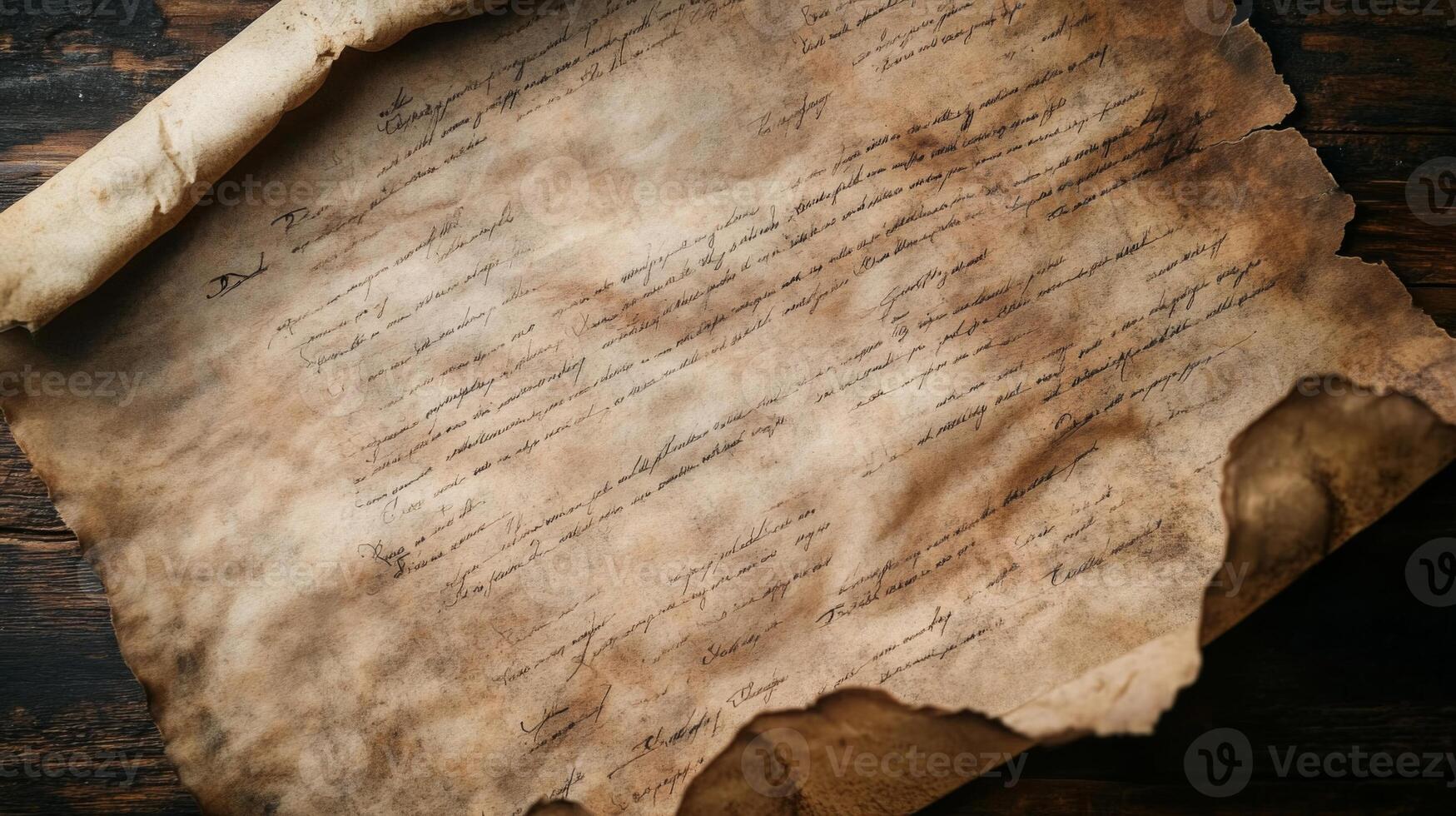 An Old, Unfurling Parchment With Handwritten Script photo