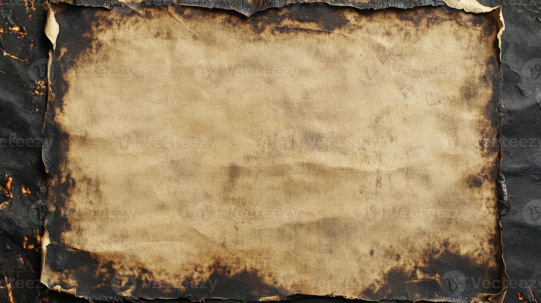 Burned edges of an old paper sheet with a beige, textured surface photo