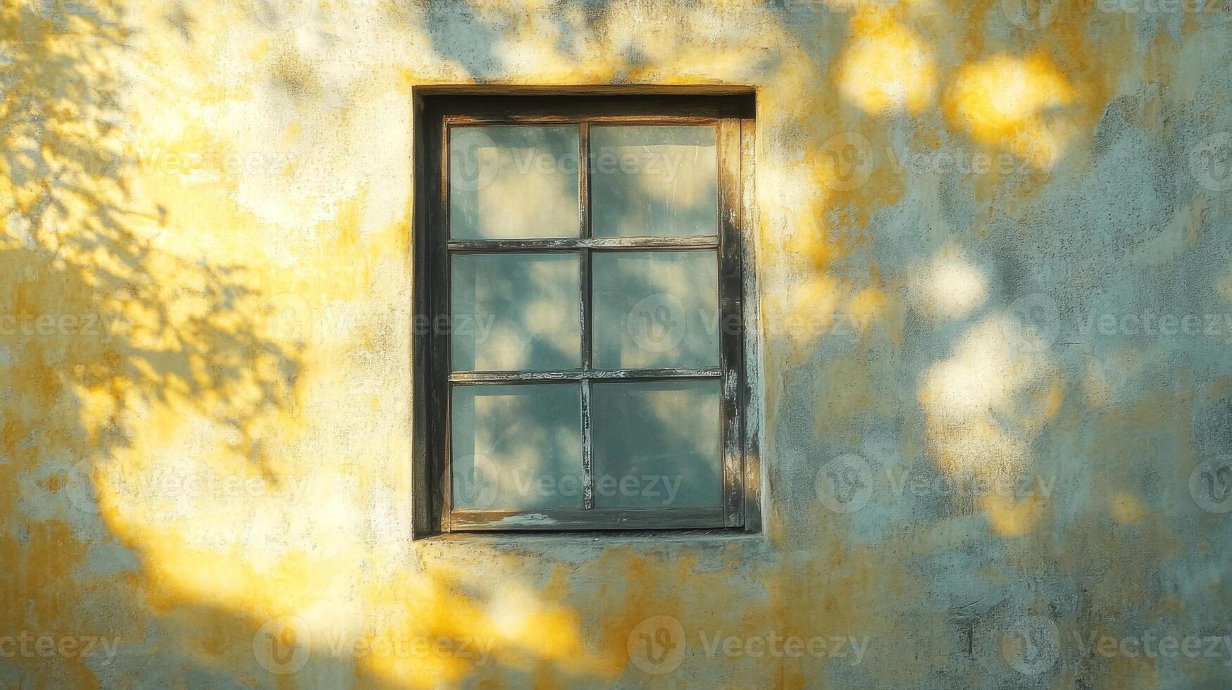 Window with Paned Glass and Shadowy Branches on a Yellow Wall photo