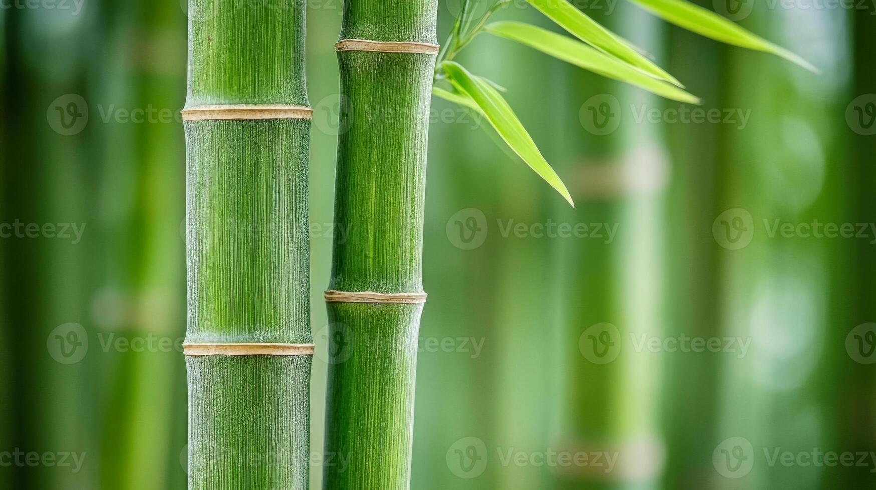 Close-up of Two Green Bamboo Stalks with a Single Leaf photo