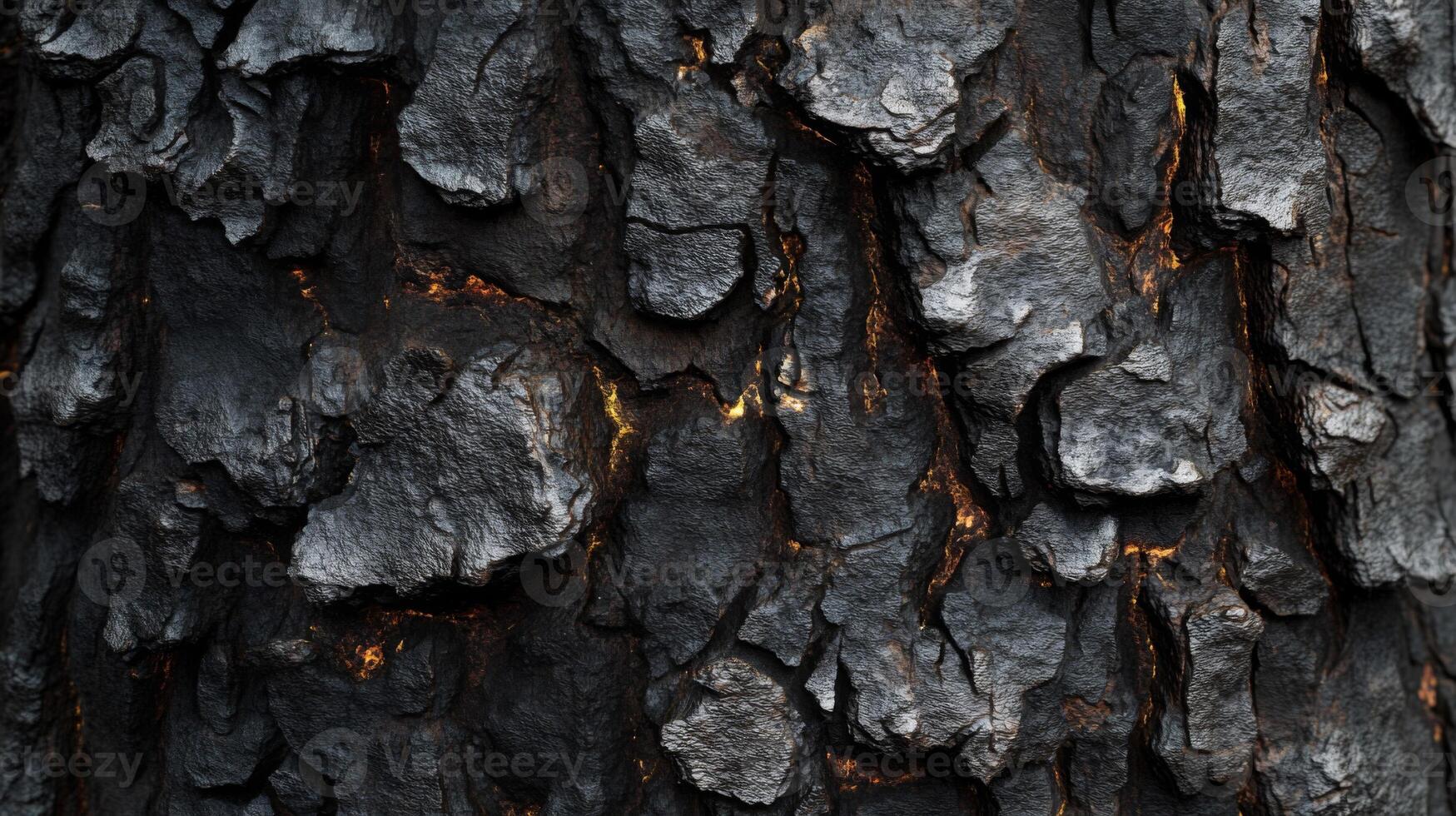 Close-up of a Burnt Tree Bark with Glowing Edges photo