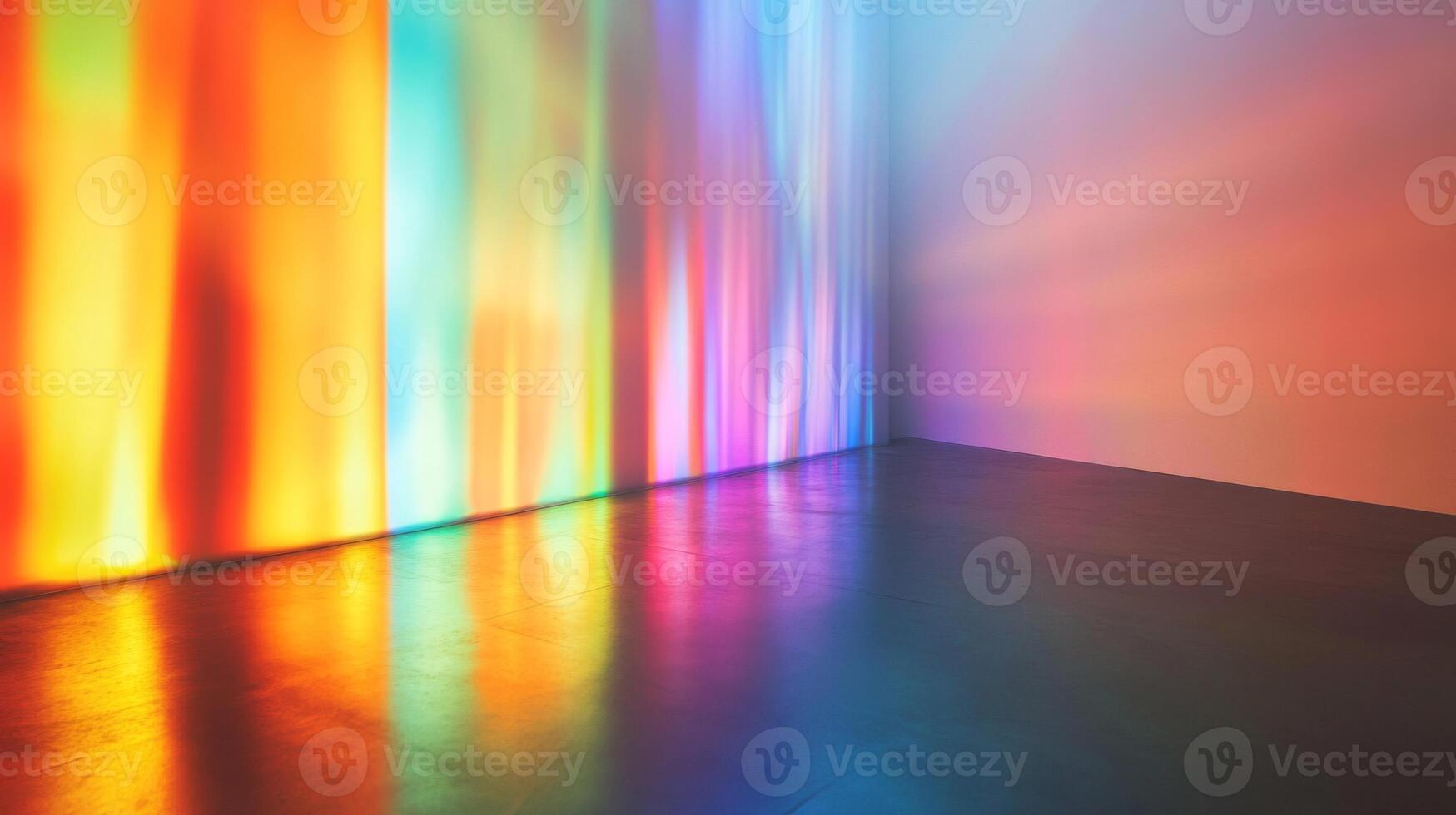 Abstract Light Projection on a White Wall with Reflected Colors on a Dark Floor photo