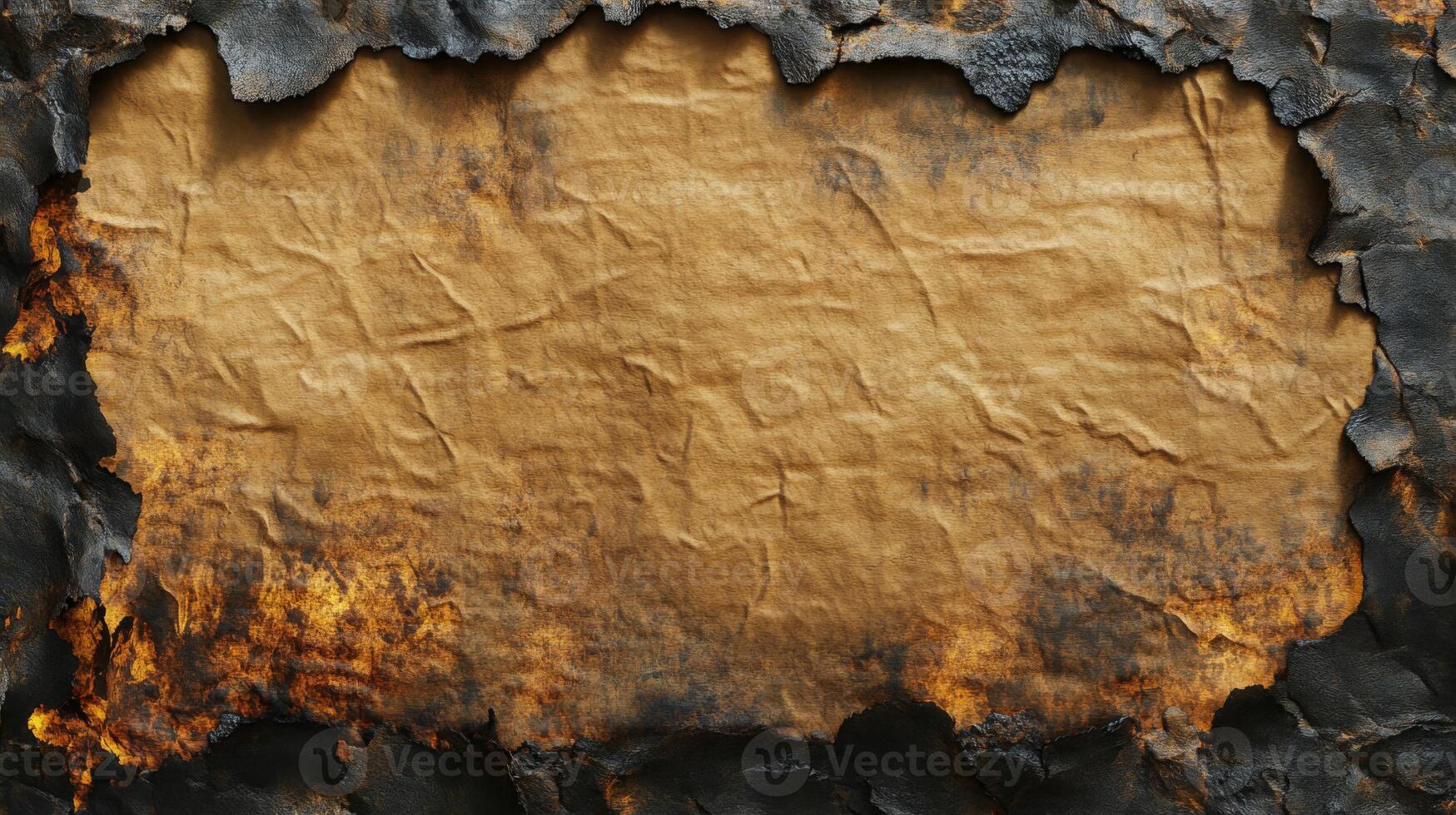 Burned Edges Surrounding a Crumpled, Brown Paper Background photo