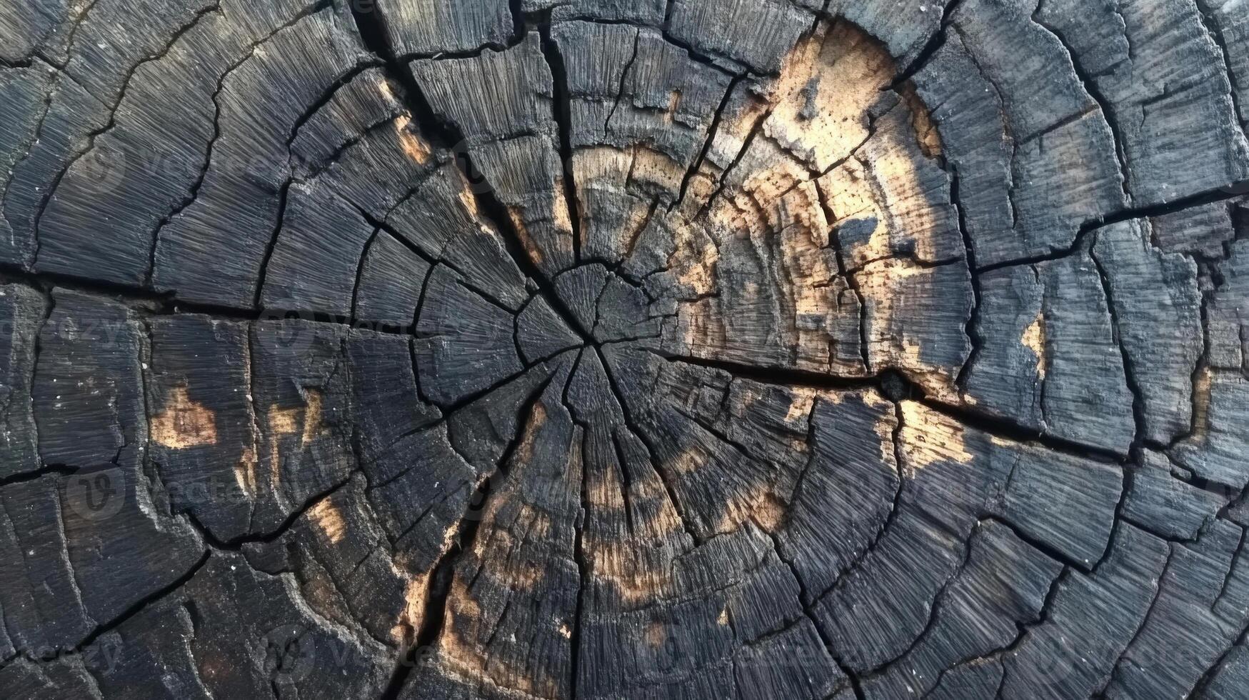 Close-up of a charred tree trunk with visible growth rings and cracks photo