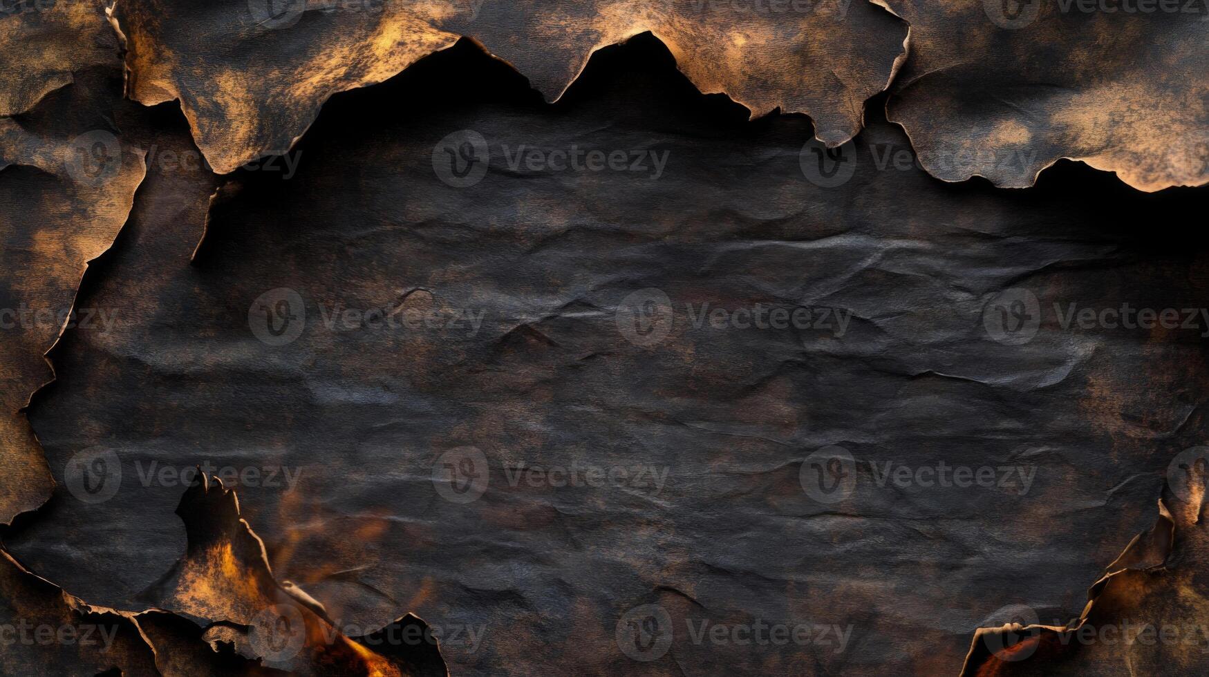 Burned edges of black paper with fire photo