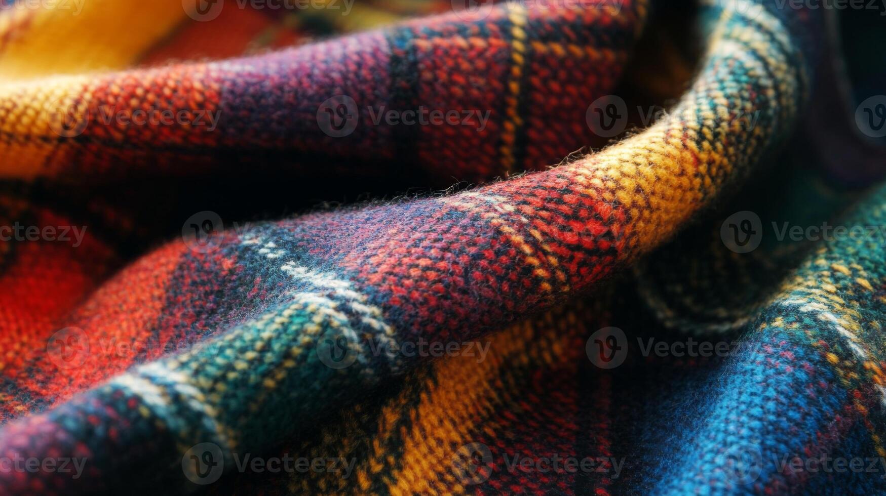 Close-up of a Multi-Colored Plaid Fabric with a Soft, Fuzzy Texture photo