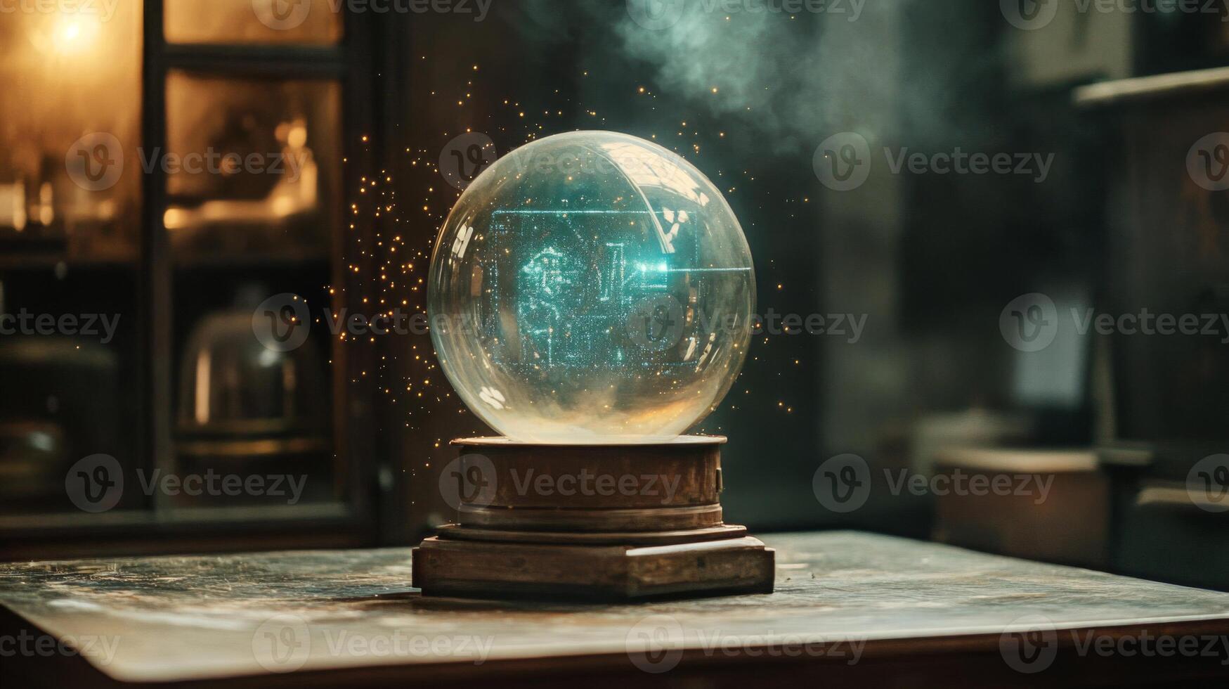 A Crystal Ball with a Glowing Digital Pattern in a Mysterious Setting photo