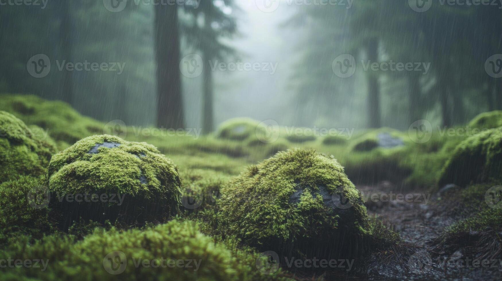 Moss-Covered Rocks in a Misty Forest During Rain photo