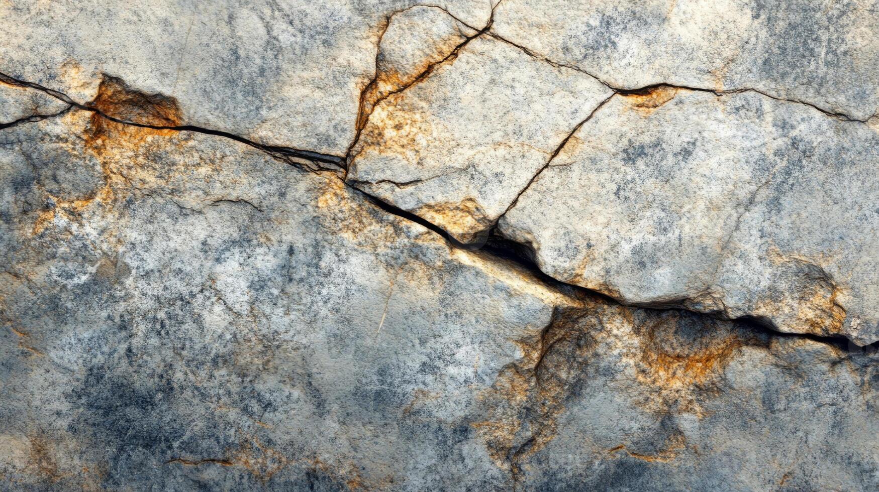 Close-up of Cracked and Weathered Gray Stone with Yellow Mineral Streaks photo