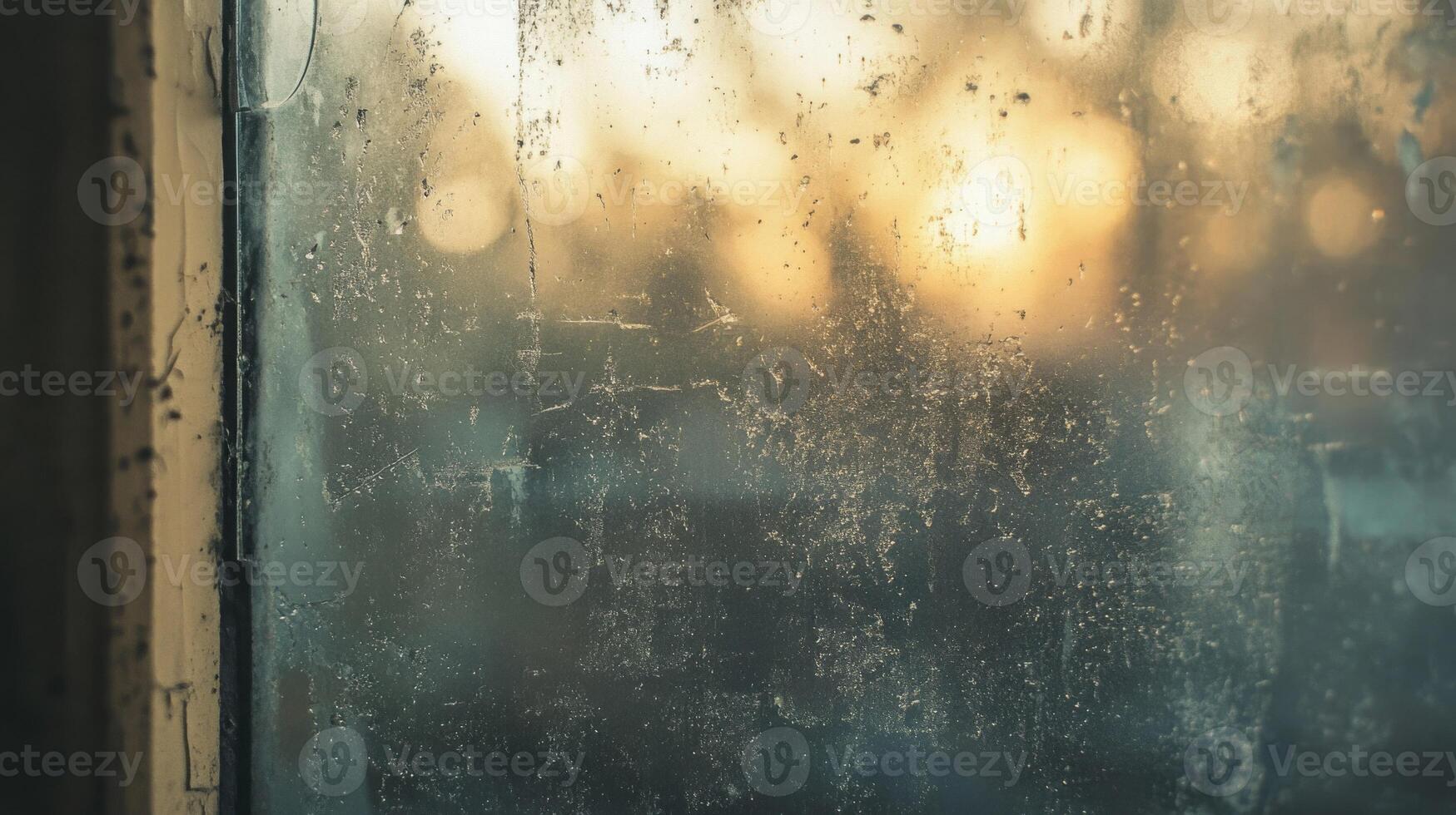 Close-up of a Dirty Windowpane with Blurred Sunset in the Background photo