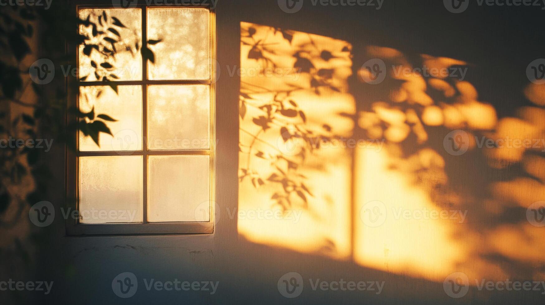 A Window Casting a Silhouette of Leaves on a Wall During Sunset photo