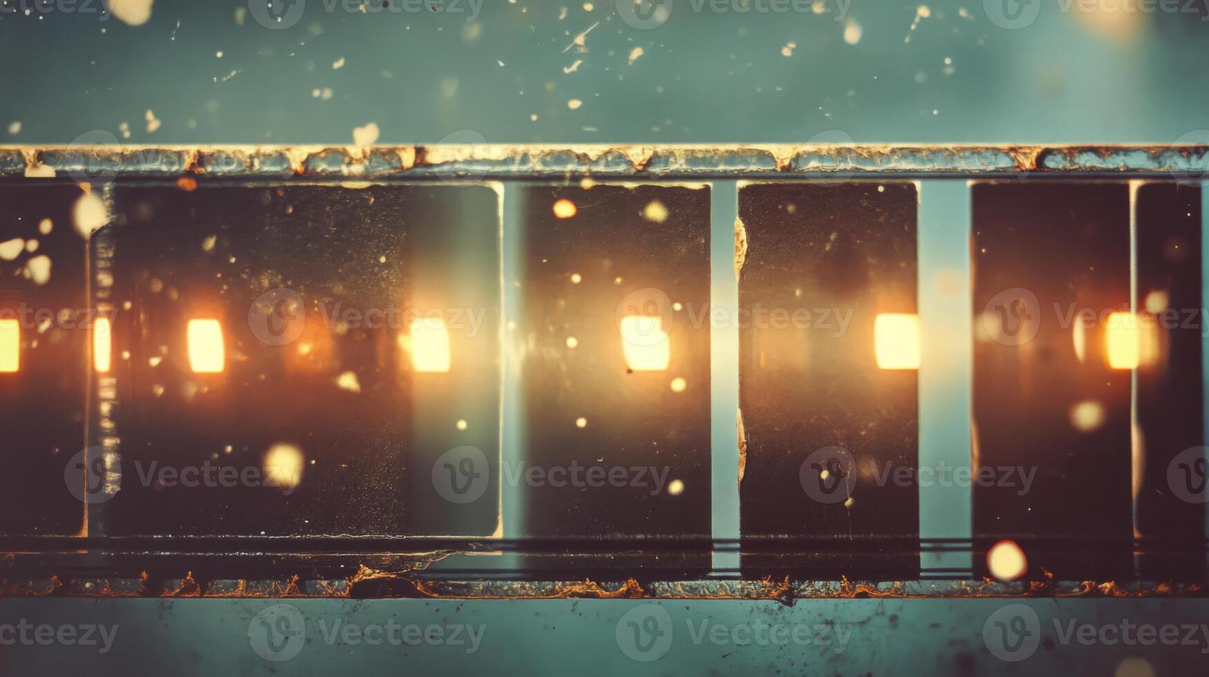 Close-up of a Film Strip with Blurred Lights and Dust Particles photo