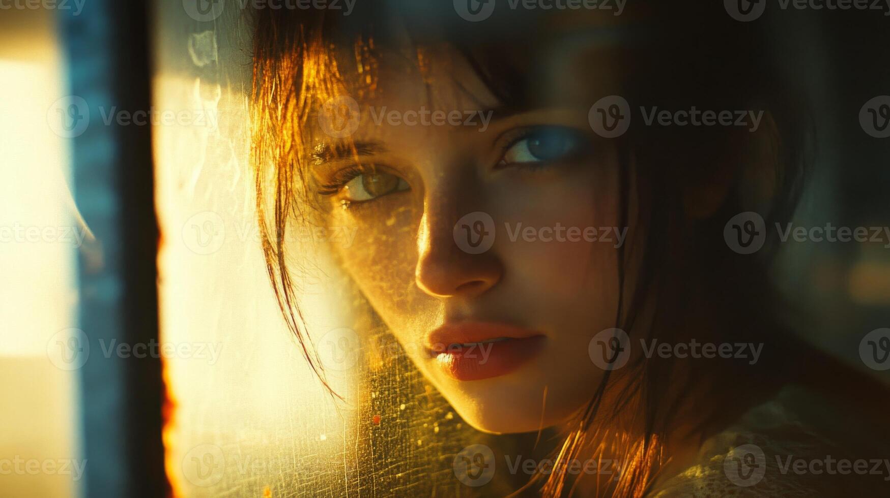 Close-up Portrait of a Woman Looking Through a Window with Sunlit Skin photo