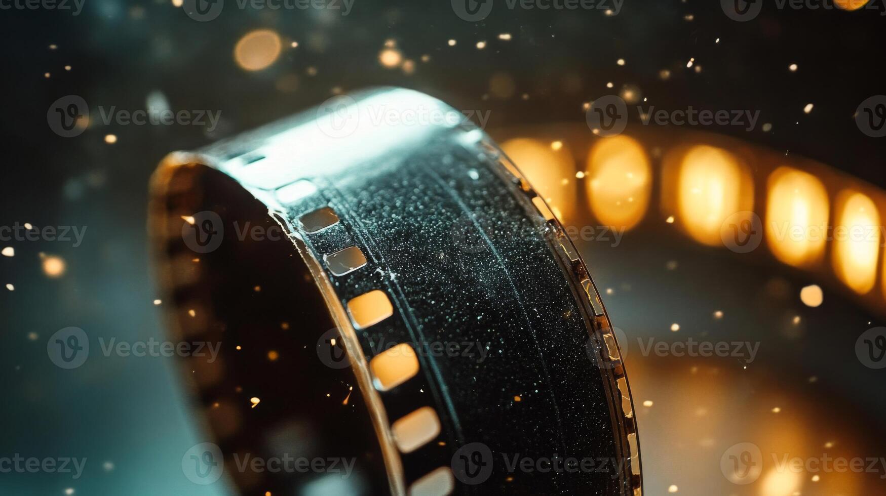 A Close-up of Film Reel with Dust Particles and Bokeh Lights photo