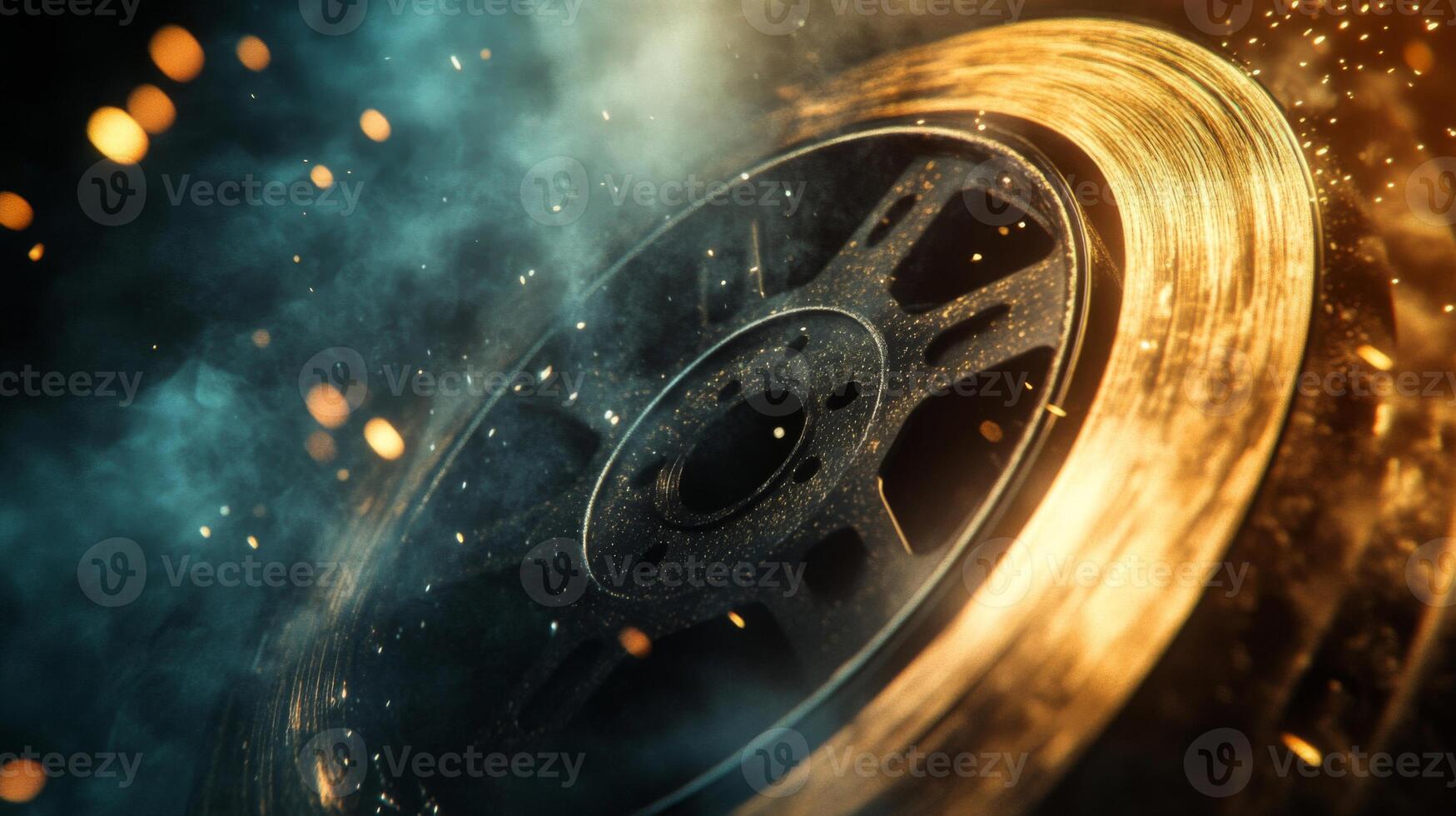 Close-up of a Black Wheel Rim with Gold Rim and Sparks photo